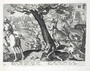 El rey francés cazando ciervos con perros, ilustración de 